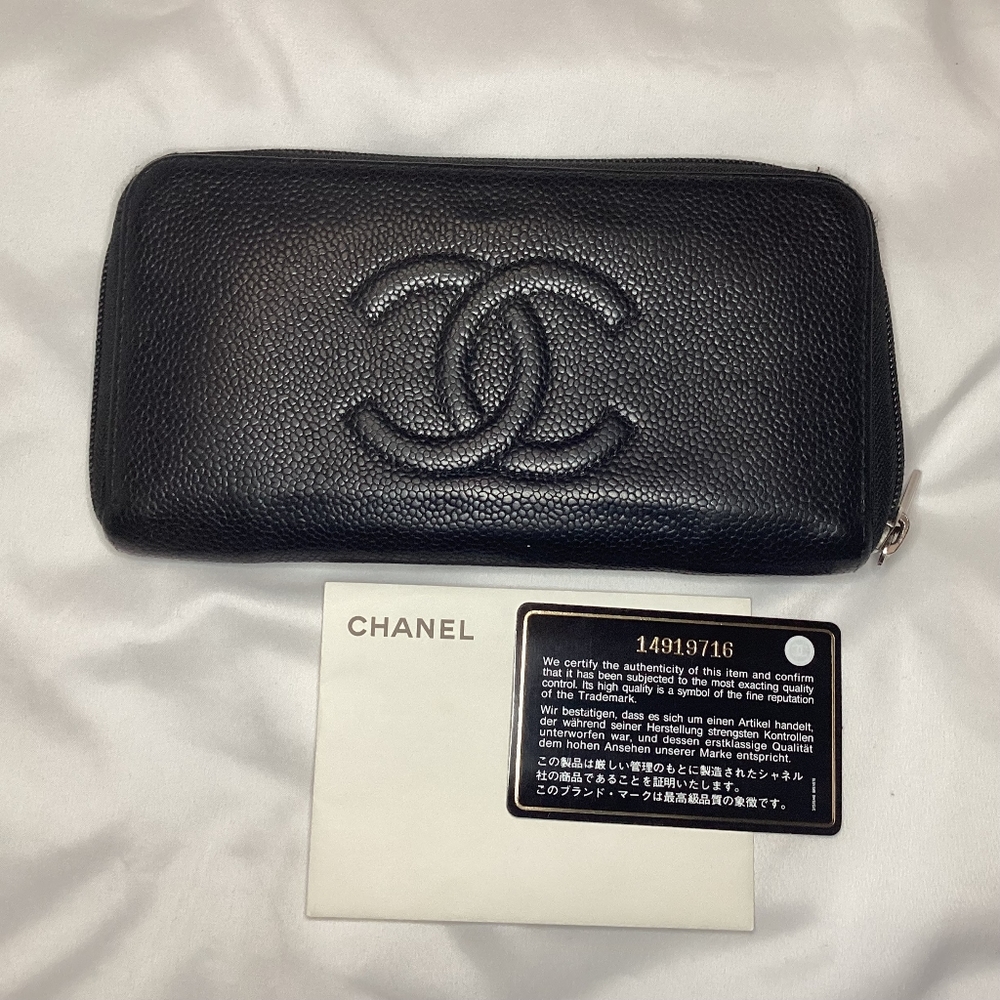 Black Caviar Leather Zip Wallet with Silver Hardware